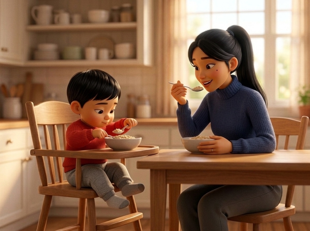 Mom and toddler sharing a meal, toddler feeding themself